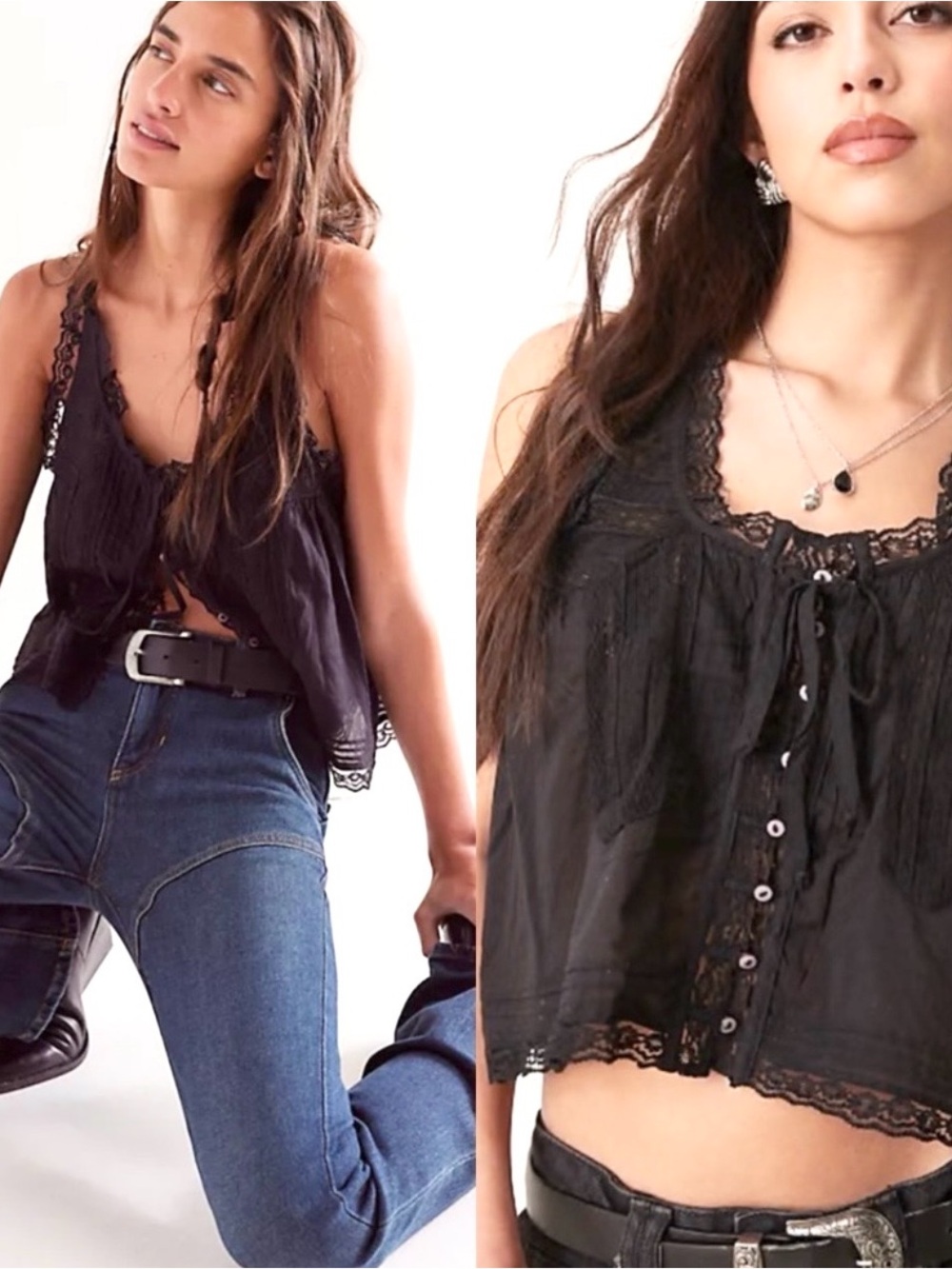 FREE PEOPLE BLACK EVERMORE LACE CAMI TANK TOP SIZE SMALL!! LIKE NEW!! - Picture 2 of 7